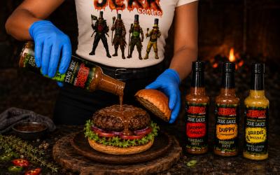 Jerk Sauce on large homemade Beef Burger