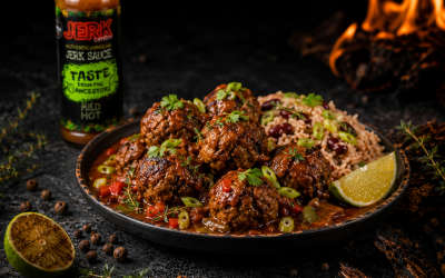Jerk Meatballs with Rice and Peas